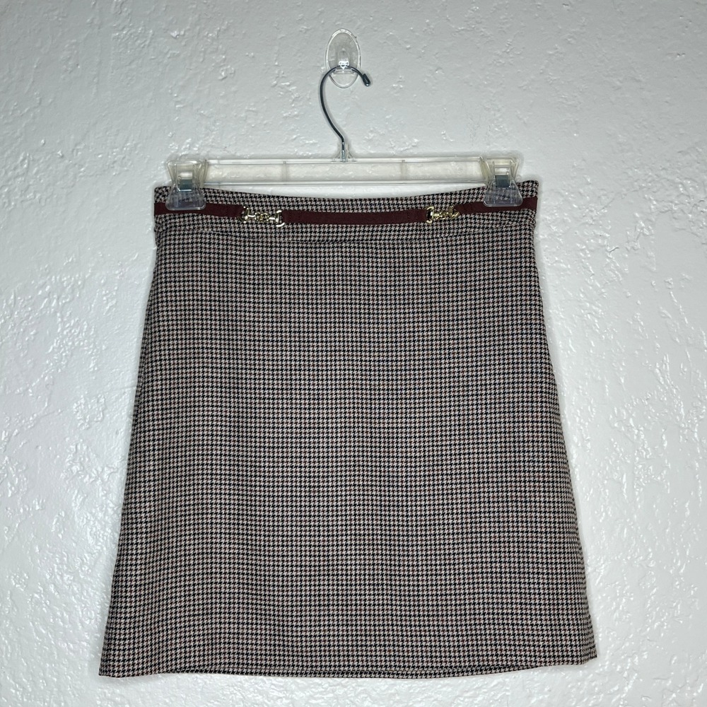 Talbots Petite Houndstooth Mini‎ Skirt Brown Tan Horsebit Buckle Size 2P